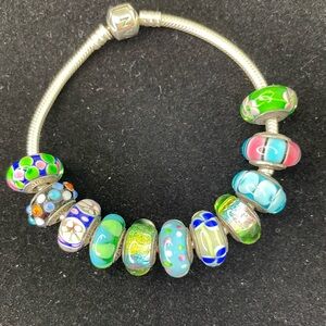 Pandora authentic Sterling Silver Bracelet with 11 authentic glass charms